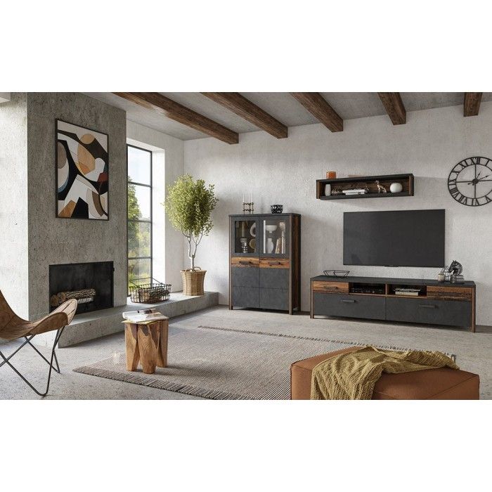 Meuble TV 190cm collection WINDSOR. Coloris gris anthracite et chêne foncé.