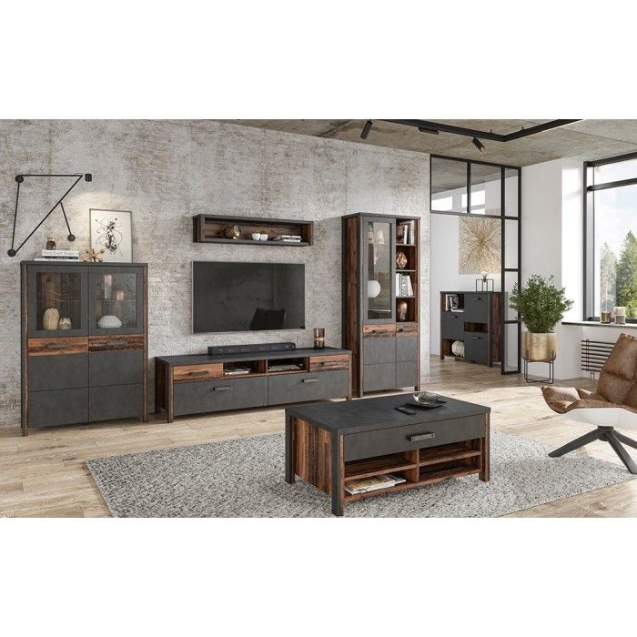 Meuble TV 190cm collection WINDSOR. Coloris gris anthracite et chêne foncé.