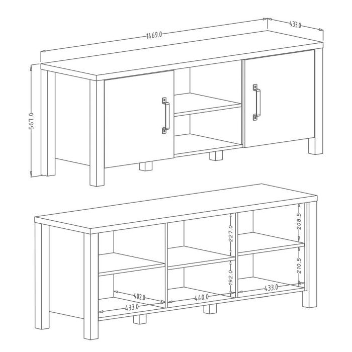Meuble TV 150cm collection DARWIN. Couleur épicéa et noir. 2 portes et 2 niches