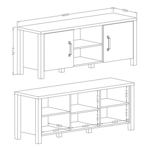 Meuble TV 150cm collection DARWIN. Couleur épicéa et noir. 2 portes et 2 niches