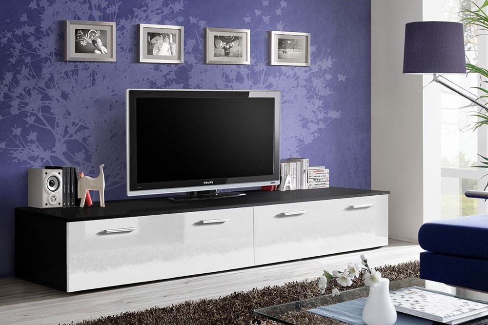 Meuble TV Moderne 200 Cm Avec éclairage LED - Noir Et Blanc Brillant - 2 Tiroirs + 3 Compartiments - Pour Salon/chambre