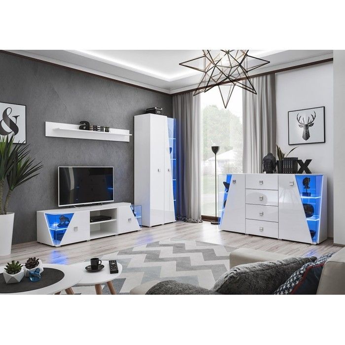 Meuble TV 150cm Collection SPIKE. Couleur blanc. 2 portes et 2 niches.