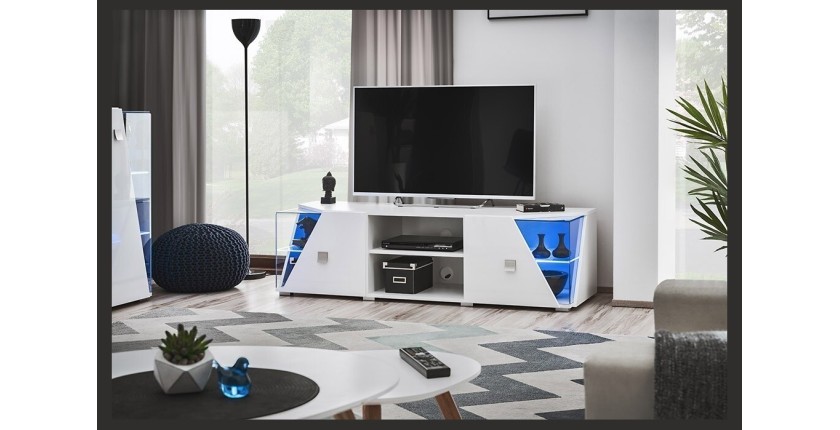 Meuble TV 150cm Collection SPIKE. Couleur blanc. 2 portes et 2 niches.