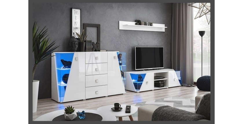 Meuble TV 150cm Collection SPIKE. Couleur blanc. 2 portes et 2 niches.