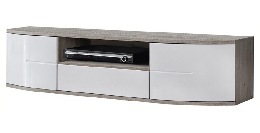 Meuble TV 150cm Collection NOUK. Couleur blanc. 2 portes, 1 tiroir et 1 niche.