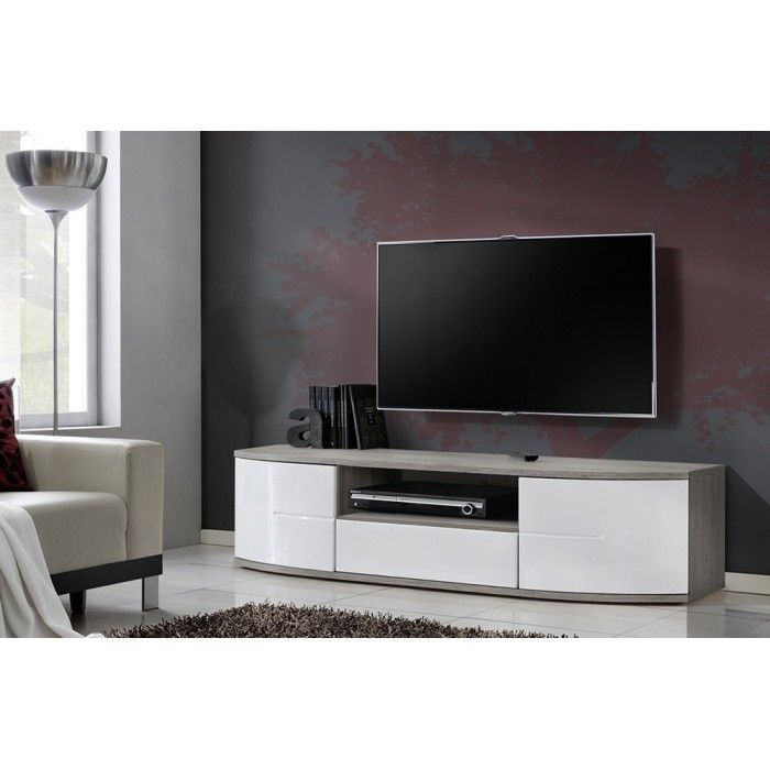 Meuble TV 150cm Collection NOUK. Couleur blanc. 2 portes, 1 tiroir et 1 niche.