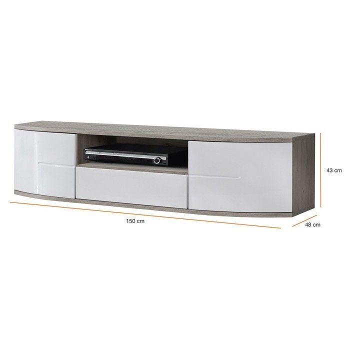 Meuble TV 150cm Collection NOUK. Couleur blanc. 2 portes, 1 tiroir et 1 niche.