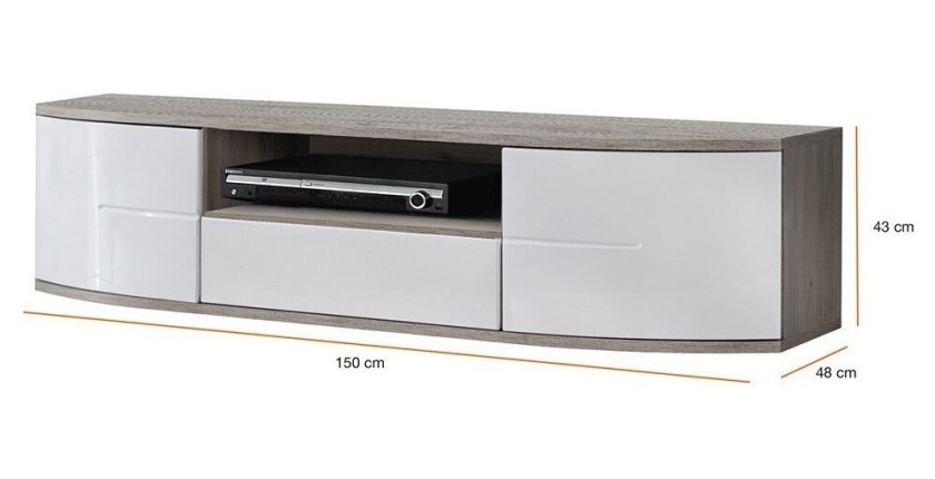 Meuble TV 150cm Collection NOUK. Couleur blanc. 2 portes, 1 tiroir et 1 niche.
