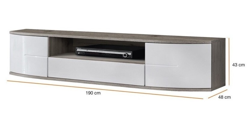 Meuble TV XL 190cm Collection NOUK. Couleur blanc. 2 portes, 1 tiroir et 1 niche.