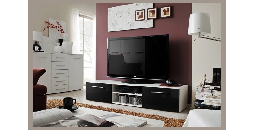 Meuble TV design collection BONOO 180 cm. Coloris blanc et noir.