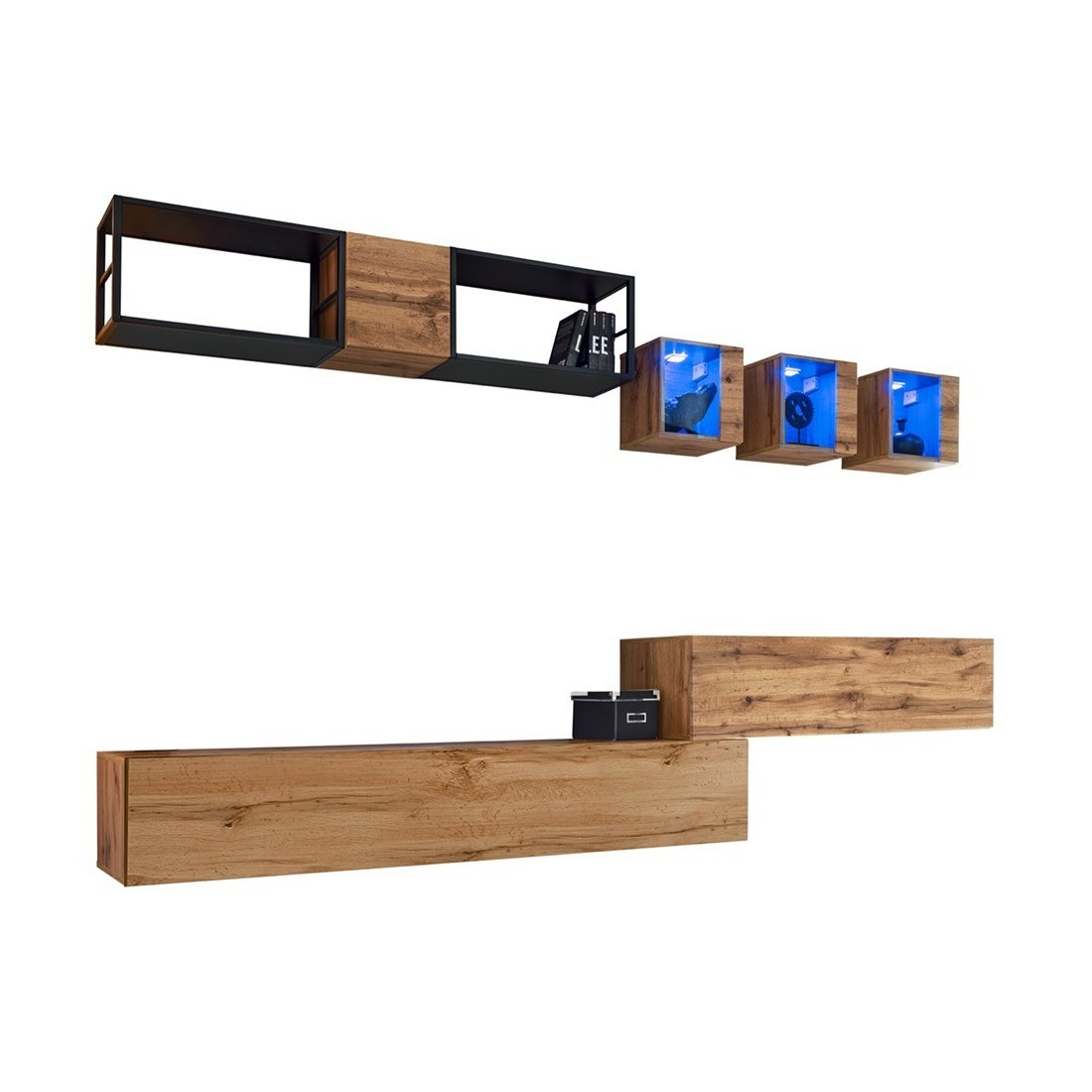 Ensemble meubles de salon style industriel SWITCH M3. Coloris chêne.