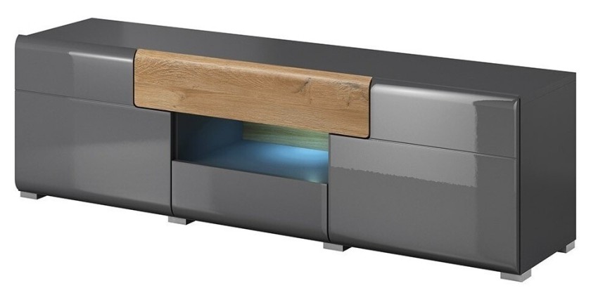 Meuble TV 160cm collection OHIO. Éclairage LED intégré. Coloris gris anthracite et chêne.