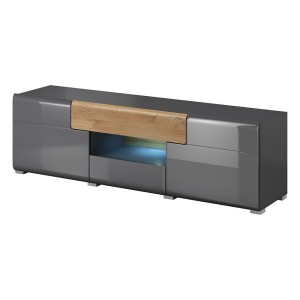 Meuble TV 160cm collection OHIO. Éclairage LED intégré. Coloris gris anthracite et chêne.