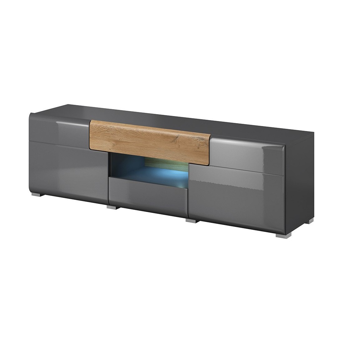 Meuble TV 160cm collection OHIO. Éclairage LED intégré. Coloris gris anthracite et chêne.