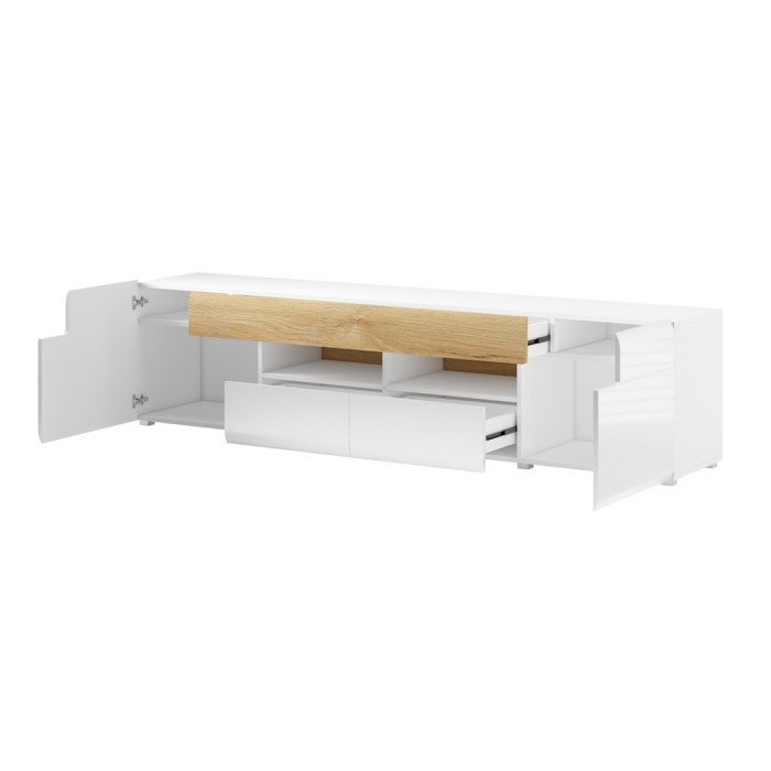 Meuble TV 210cm collection OHIO avec LED intégrée. Coloris blanc et finitions chêne.