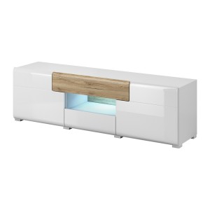 Meuble TV 160cm collection OHIO. Éclairage LED intégré. Coloris blanc et chêne
