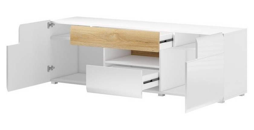 Meuble TV 160cm collection OHIO. Éclairage LED intégré. Coloris blanc et chêne