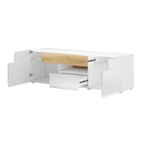 Meuble TV 160cm collection OHIO. Éclairage LED intégré. Coloris blanc et chêne