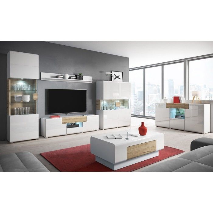 Meuble TV 160cm collection OHIO. Éclairage LED intégré. Coloris blanc et chêne