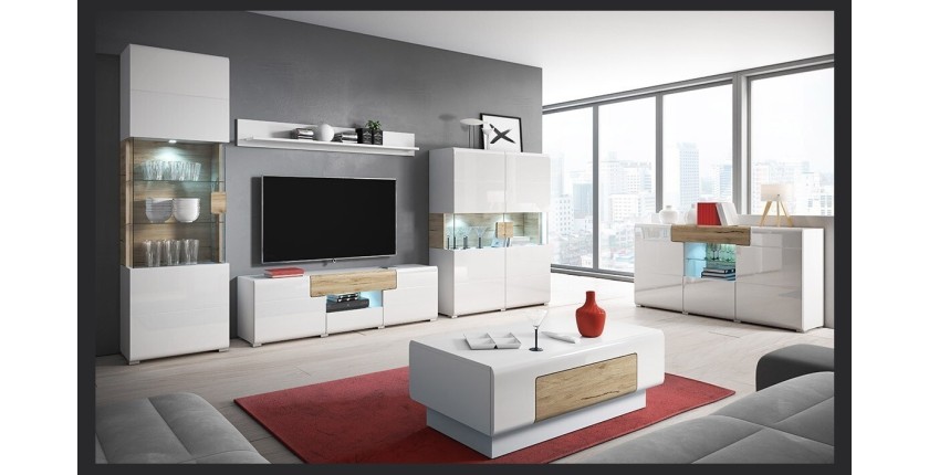 Meuble TV 160cm collection OHIO. Éclairage LED intégré. Coloris blanc et chêne