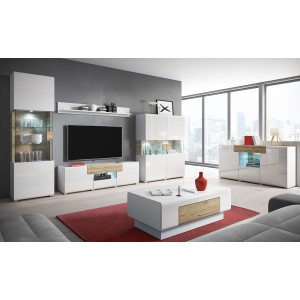 Meuble TV 160cm collection OHIO. Éclairage LED intégré. Coloris blanc et chêne