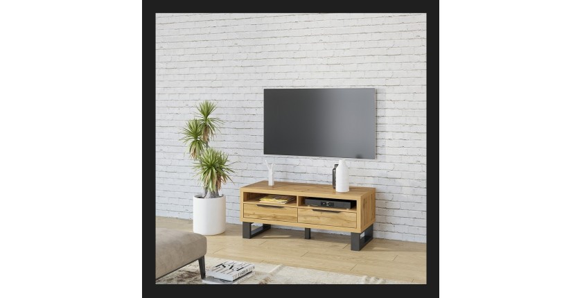 Meuble TV 120cm collection MILO. Coloris chêne. Style design.