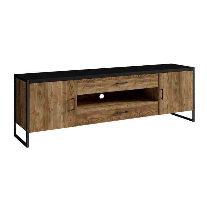 Meuble TV 200cm style industriel avec LED. Collection ANAFI. Coloris épicéa et noir
