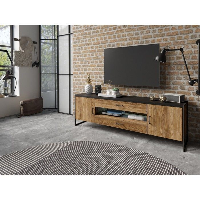 Meuble TV 200cm style industriel avec LED. Collection ANAFI. Coloris épicéa et noir