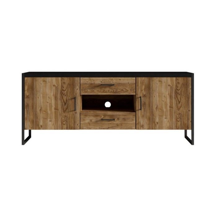 Meuble TV 150cm style industriel avec LED intégrées. Collection ANAFI. Coloris épicéa et noir