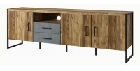 Meuble TV XL 200cm style industriel avec LED intégrées. Collection ZOLA. Coloris épicéa et gris