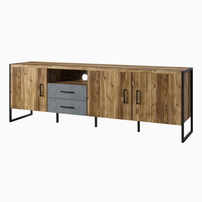 Meuble TV XL 200cm style industriel avec LED intégrées. Collection ZOLA. Coloris épicéa et gris