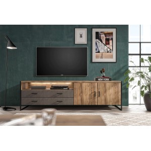 Meuble TV 200cm style industriel avec LED intégrées. Collection ZOLA. Coloris épicéa et gris