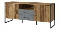 Meuble TV 150cm style industriel avec LED intégré. Collection ZOLA. Coloris épicéa et gris. 2 Portes et 2 tiroirs