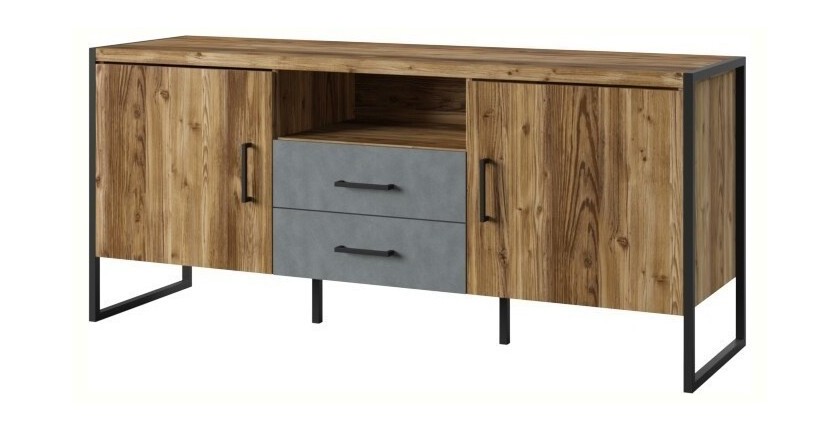 Meuble TV 150cm style industriel avec LED intégré. Collection ZOLA. Coloris épicéa et gris. 2 Portes et 2 tiroirs