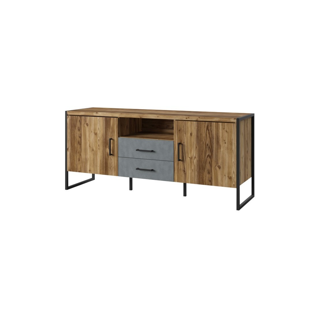 Meuble TV 150cm style industriel avec LED intégré. Collection ZOLA. Coloris épicéa et gris. 2 Portes et 2 tiroirs