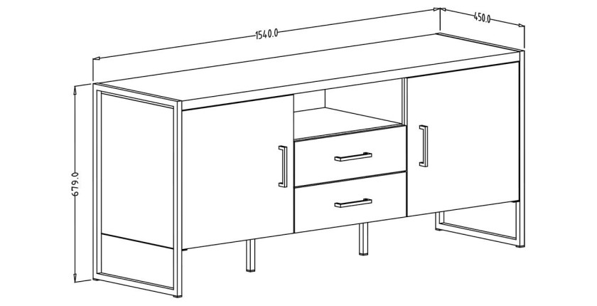 Meuble TV 150cm style industriel avec LED intégré. Collection ZOLA. Coloris épicéa et gris. 2 Portes et 2 tiroirs