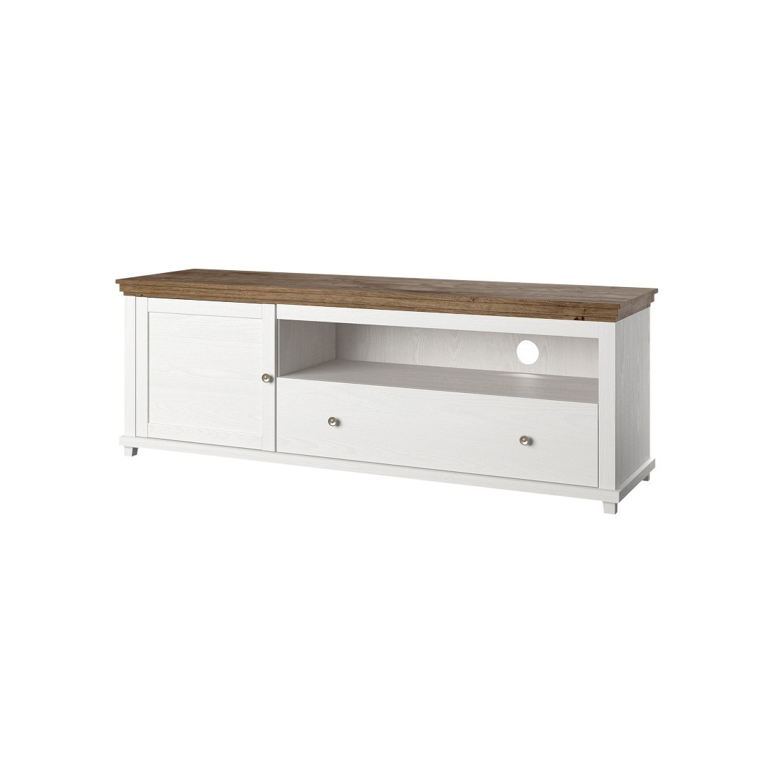 Meuble TV 180cm avec LED intégrées. Collection ASSIA. Coloris frêne blanc et chêne. 1 Porte et 1 tiroir.