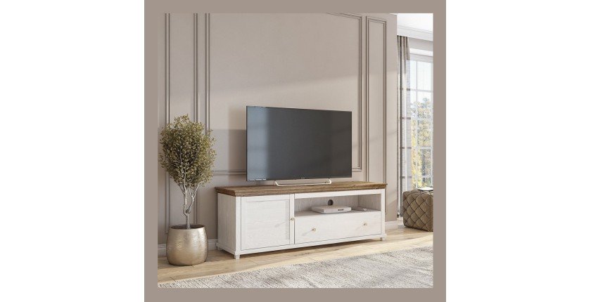 Meuble TV 180cm avec LED intégrées. Collection ASSIA. Coloris frêne blanc et chêne. 1 Porte et 1 tiroir.