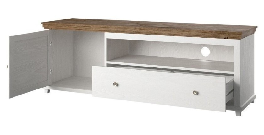 Meuble TV 180cm avec LED intégrées. Collection ASSIA. Coloris frêne blanc et chêne. 1 Porte et 1 tiroir.