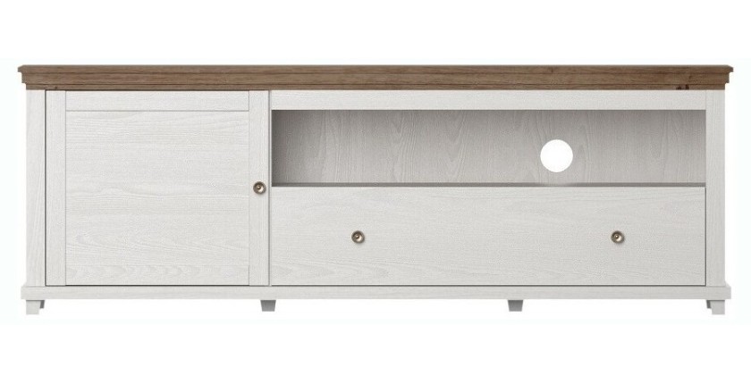 Meuble TV 180cm avec LED intégrées. Collection ASSIA. Coloris frêne blanc et chêne. 1 Porte et 1 tiroir.