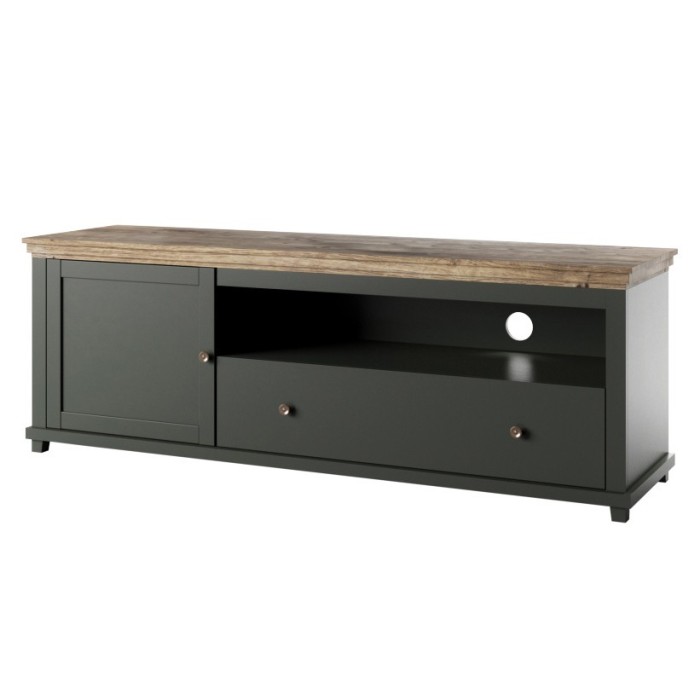 Meuble TV 180cm avec LED intégrées. Collection ASSIA. Coloris vert et chêne. 1 Porte et 1 tiroir.