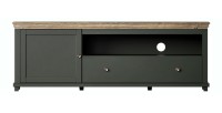 Meuble TV 180cm avec LED intégrées. Collection ASSIA. Coloris vert et chêne. 1 Porte et 1 tiroir.