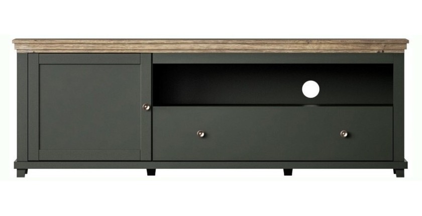 Meuble TV 180cm avec LED intégrées. Collection ASSIA. Coloris vert et chêne. 1 Porte et 1 tiroir.