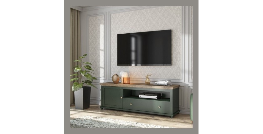 Meuble TV 180cm avec LED intégrées. Collection ASSIA. Coloris vert et chêne. 1 Porte et 1 tiroir.