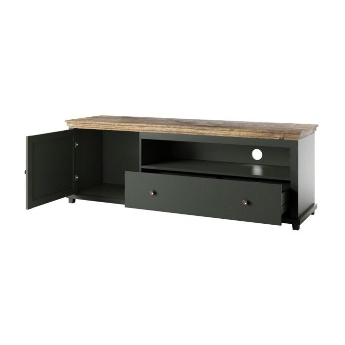 Meuble TV 180cm avec LED intégrées. Collection ASSIA. Coloris vert et chêne. 1 Porte et 1 tiroir.