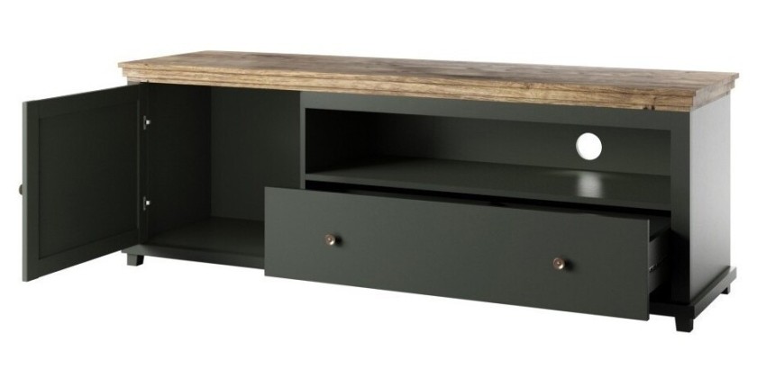 Meuble TV 180cm avec LED intégrées. Collection ASSIA. Coloris vert et chêne. 1 Porte et 1 tiroir.
