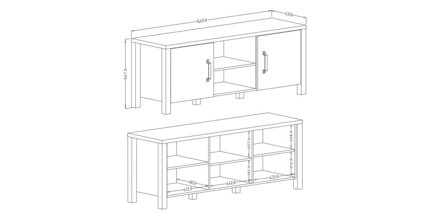 Meuble TV 150cm collection DARWIN. Couleur chêne foncé et noir. 2 portes et 2 niches