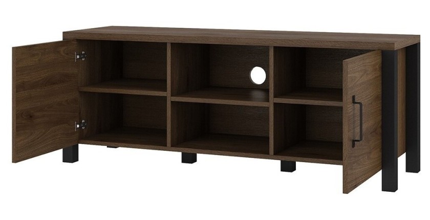 Meuble TV 150cm collection DARWIN. Couleur chêne foncé et noir. 2 portes et 2 niches