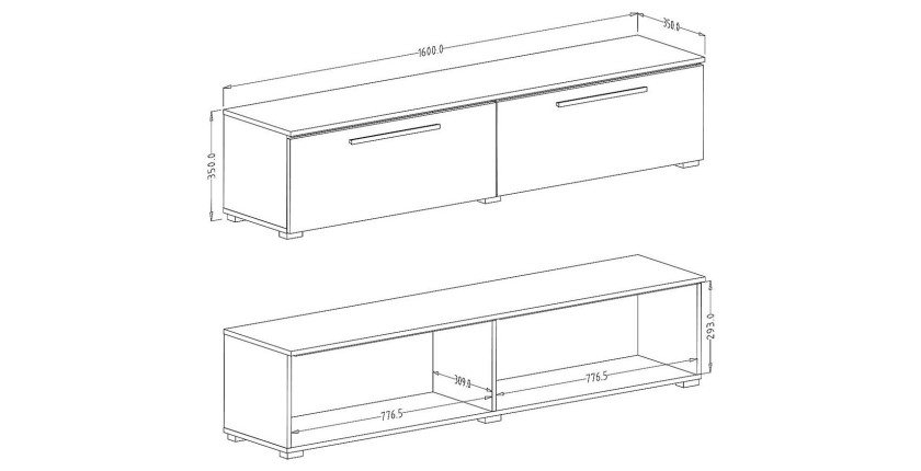 Meuble TV 160cm Collection RIO. 1 porte abattante, coloris blanc brillant. Style design.