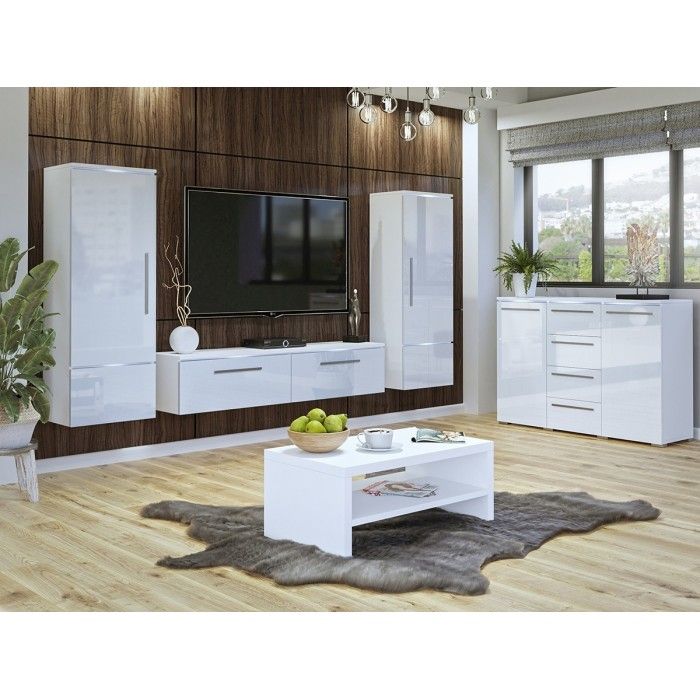 Meuble TV 160cm Collection RIO. 1 porte abattante, coloris blanc brillant. Style design.